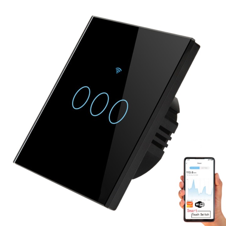 Intrerupator inteligent cu touch, Wireless, VisionHub®, Wi-fi, 3 Canale, din Sticla Securizata, Compatibil iOS/Android, Tuya, Amazon Alexa/Google Assistant, rezistent la zgarieturi, ideal pentru birou, camera de zi, dormitor, baie si bucatarie, Negru