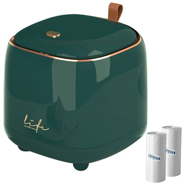 Мини кошче за боклук, BonsMar, ABS, 145*145*150 мм, с две ролки (30 бр.) торбички за боклук, тъмнозелени