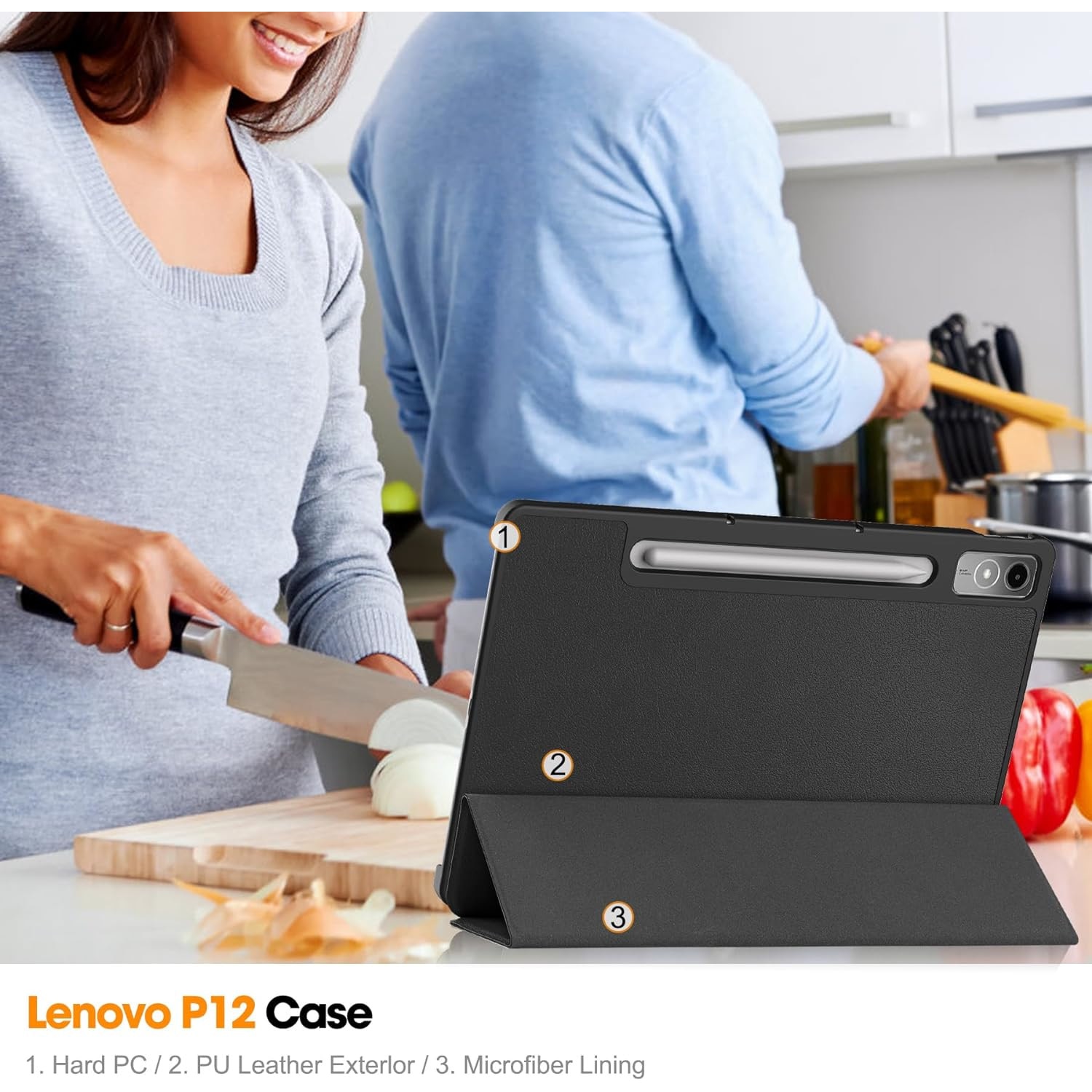 Husa pentru Lenovo Tab P12 12.7 inch functie sleep/wake-up Ultralight de tip stand, Aiyando, negru