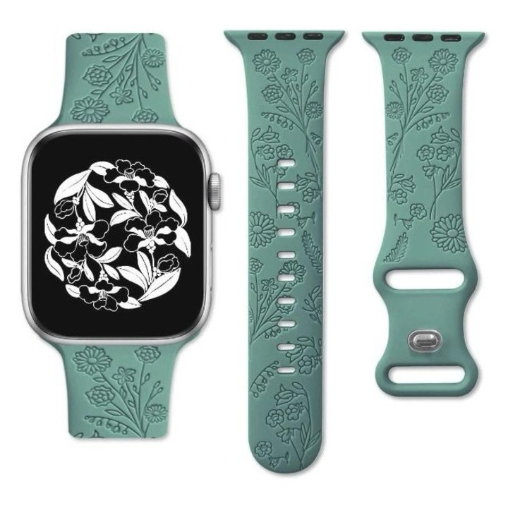 Curea Floral Print, Silicon, Compatibila Apple Watch, Ajustabila, Gravata, Verde Inchis, 42/44/45/49 mm