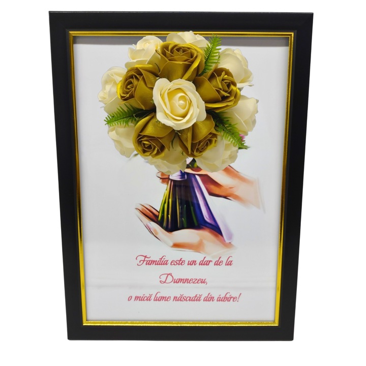 Tablou in rama A4 (30x21 cm) - Familia este un dar de la Dumnezeu, o mica lume nascuta din iubire! - v18 decorat cu flori de sapun auriu - galben