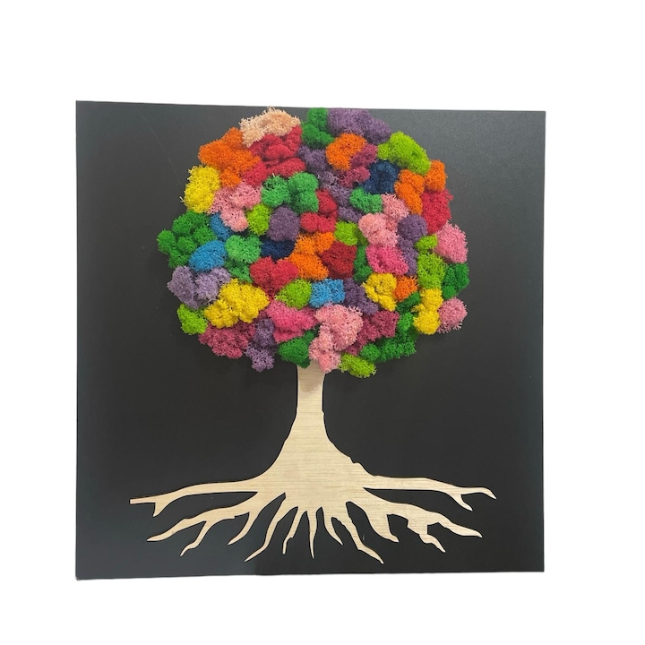 Tablou copac decorat cu licheni naturali stabilizati, multicolor, dimensiune 40x40