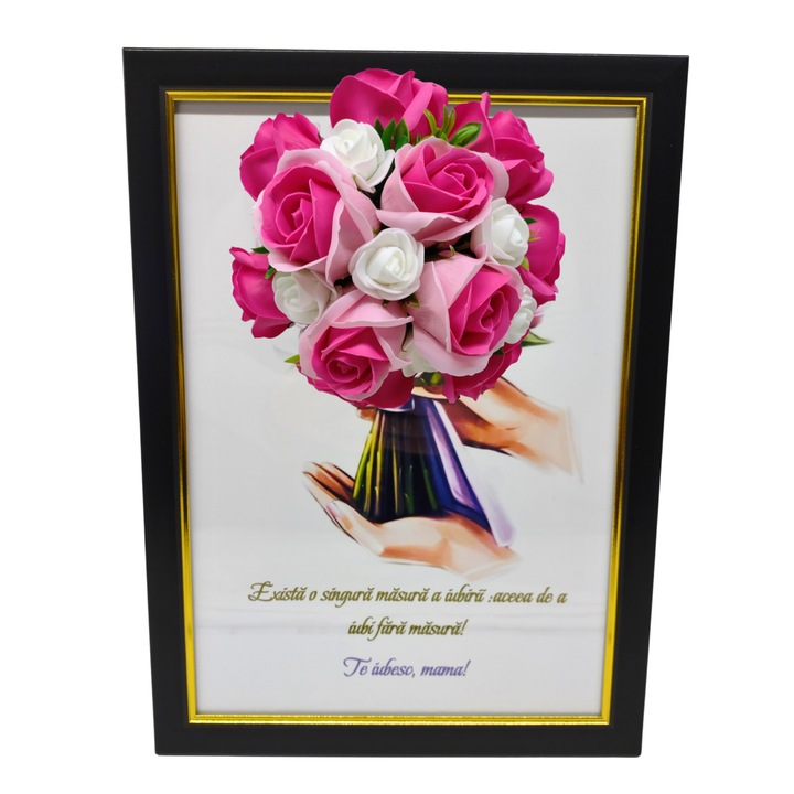 Tablou in rama A4 (30x21 cm) - Exista o singura masura a iubirii, accea de a iubi fara masura! Te iubesc! - v18 decorat cu flori de sapun roz - roz inchis
