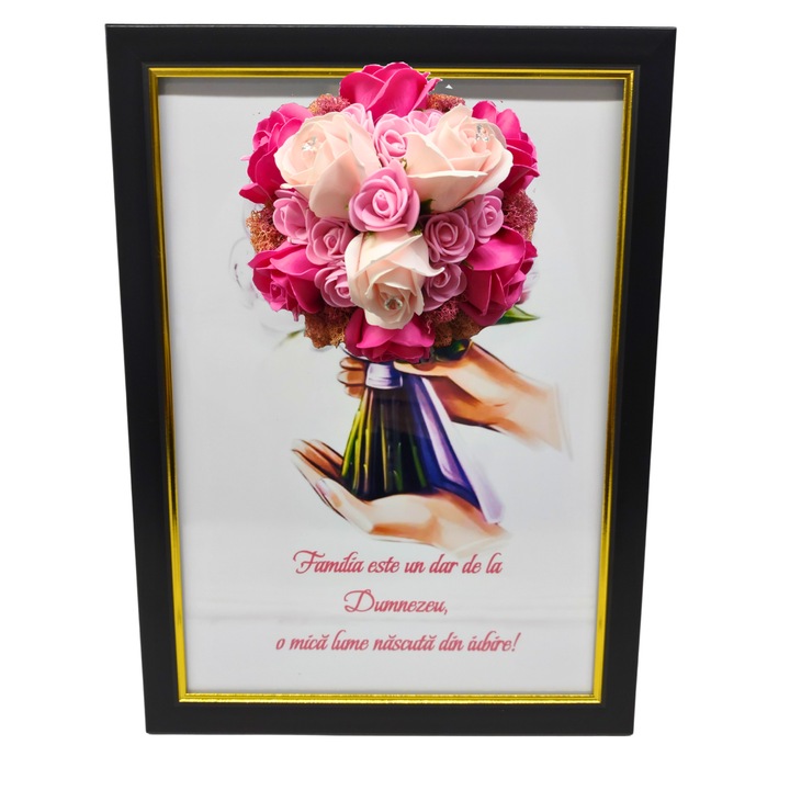 Tablou in rama A4 (30x21 cm) - Familia este un dar de la Dumnezeu, o mica lume nascuta din iubire! - v18 decorat cu flori de sapun roz - roz pal