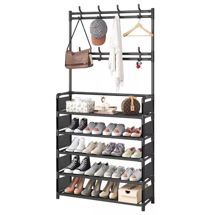 Cuier cu pantofar metalic, 5 rafturi pentru incaltaminte si 8 agatatori pentru haine, 80 cm x 26 cm x 170 cm, negru, Promerco®