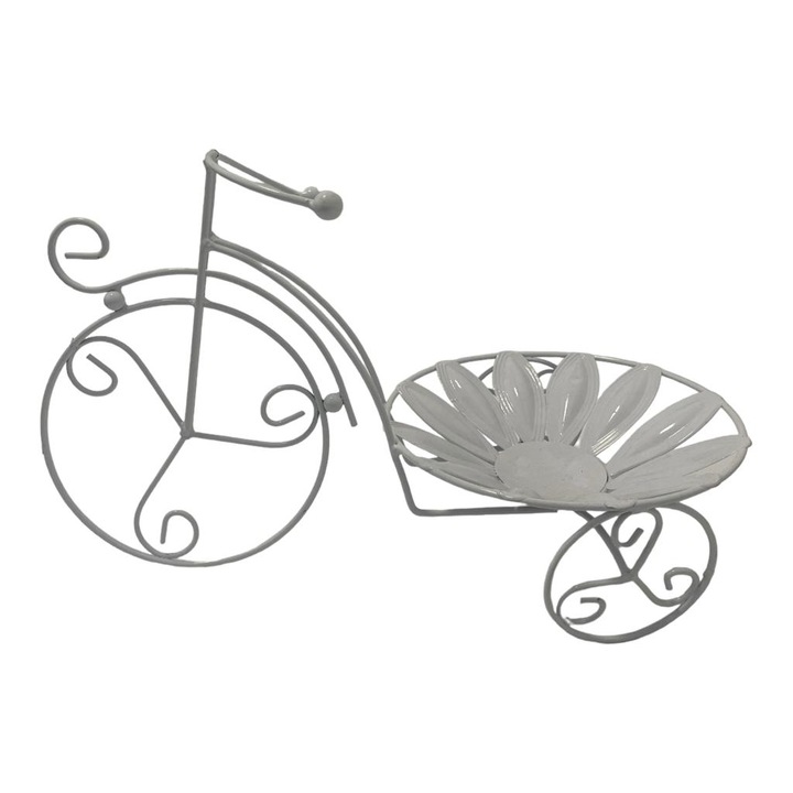 Suport flori fier forjat alb patinat tip bicicleta