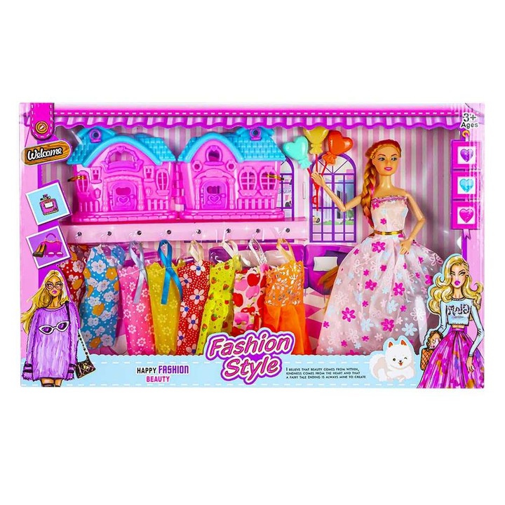 Játék baba gardróbbal és házzal, 8 ruha, 29 cm, Sbk, +3 év