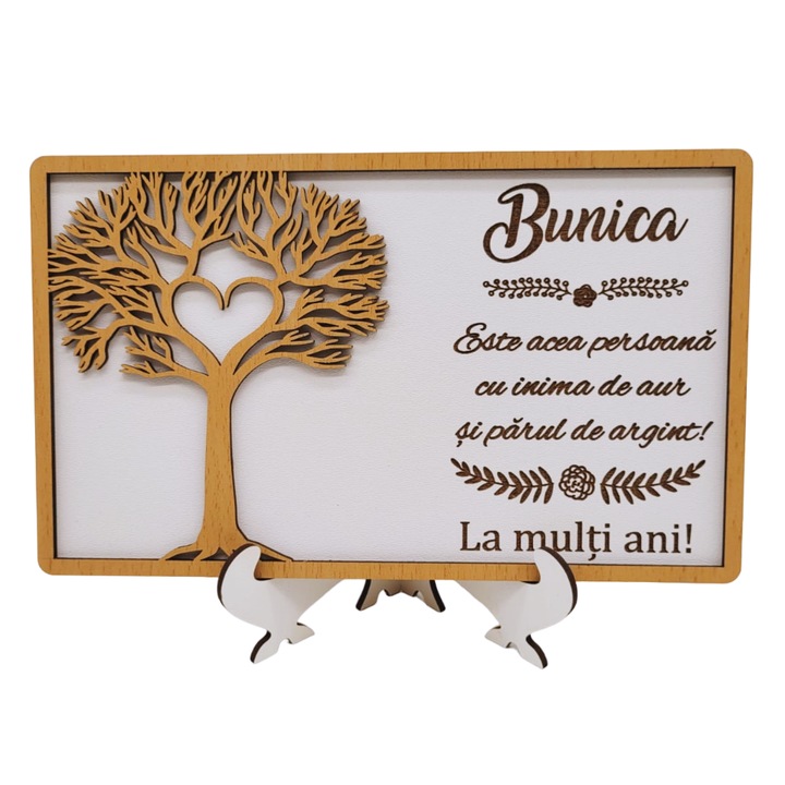 Tablou personalizat cu mesaj pentru Bunica - "La multi ani!", Lemn, Decupaj si Gravura Laser, 20x13 cm, Rica Dreamart, Model 3