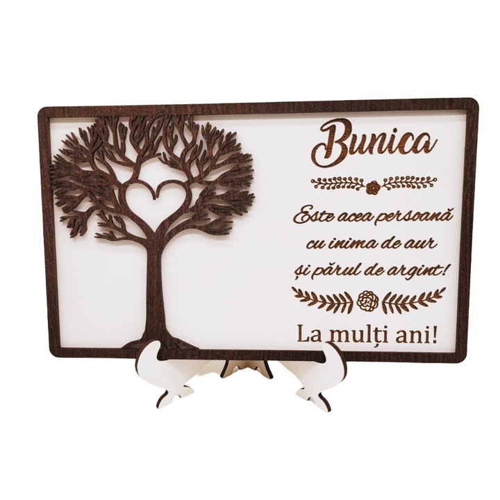 Tablou personalizat cu mesaj pentru Bunica - "La multi ani!", Lemn, Decupaj si Gravura Laser, 20x13 cm, Rica Dreamart, Model 4