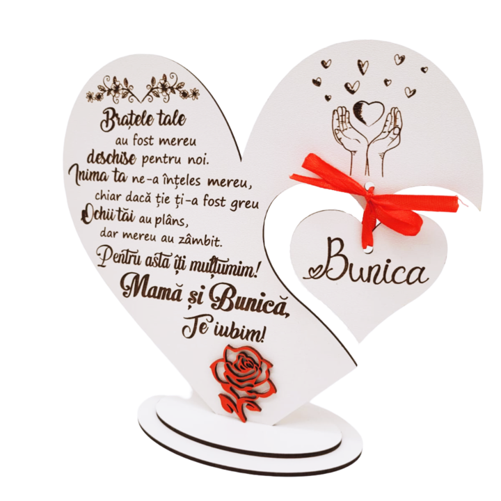 Decoratiune pentru Mama si Bunica, inima cu mesaj personalizat, Lemn - Decupaj si gravura laser, 20 cm, Rica Dreamart