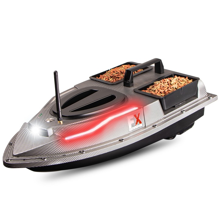 Лодка за захранка с GPS, Fishing Expedition, Lake Xpredator, Дистанционно управление, LED светлини, С дистанционно управление, Два резервоара за стръв, Обхват 500 м, Черен