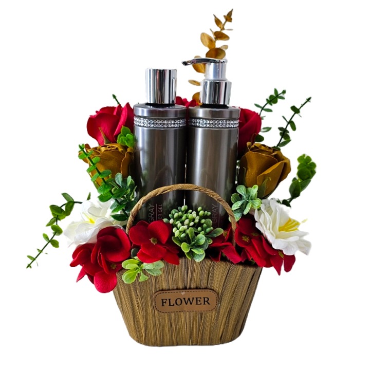 Vivv kosár, szappanvirágok, testápoló krém és tusfürdő a Vivian Gray termékcsaládból, 2x250 ml, Velve