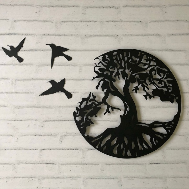 Декорация за стена, Дърво на живота и птици, рециклиран метал, черен, 28 см