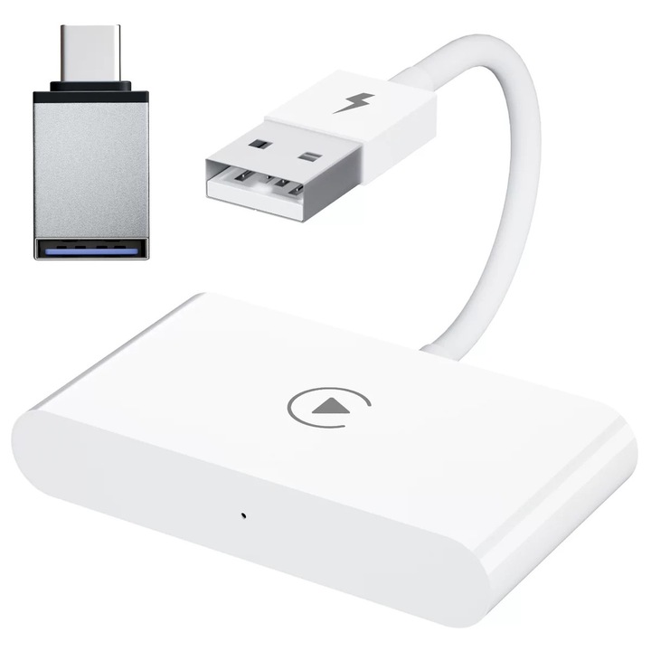 Adaptor Wireless Apple Carplay pentru iOS, Conectare Bluetooth, WiFi 5GHz, Latenta redusa, Usor de instalat, Muzica si Navigatie, Control vocal, Mirrorlink, Compatibil cu iPhone, Alimentare USB sau USB Type-C, Alb