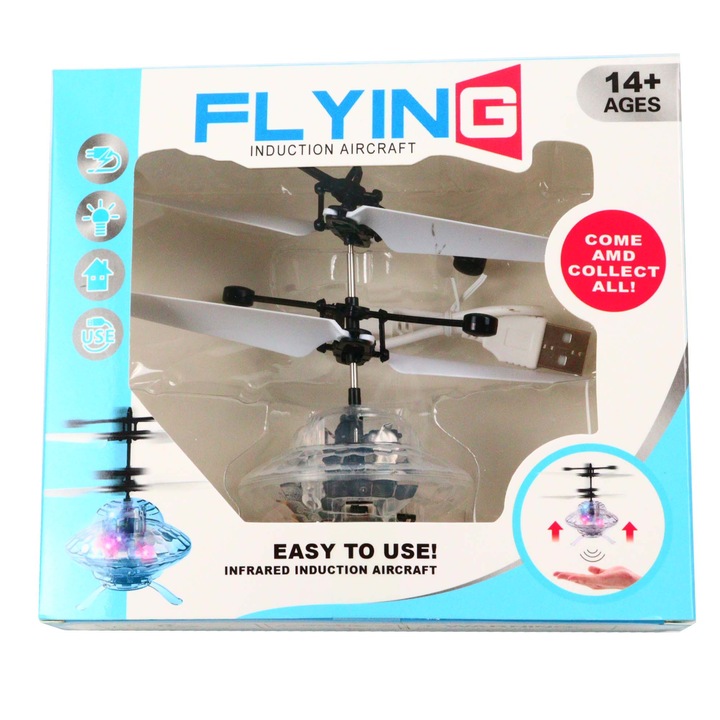 Elicopter mini de jucarie, model ufo, controlabil cu mana, alb, dalimag