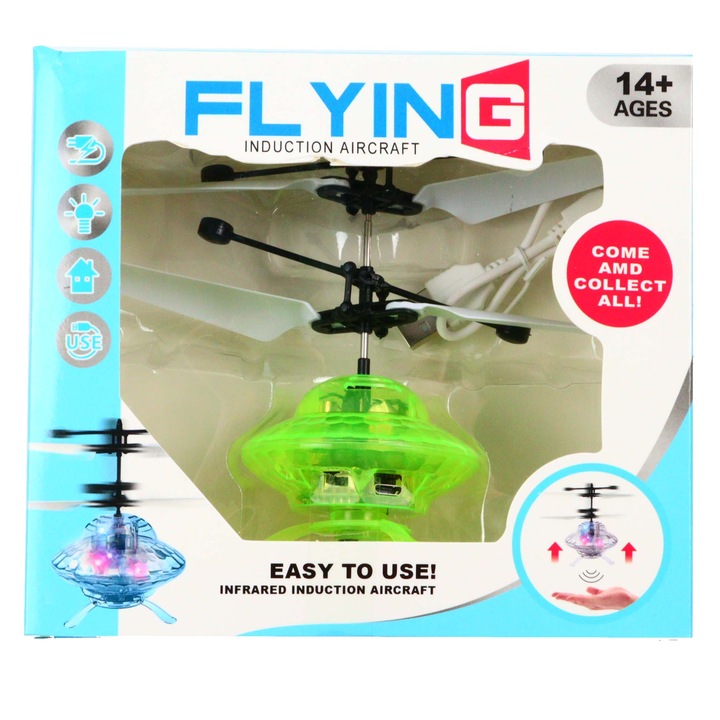 Elicopter mini de jucarie, model ufo, controlabil cu mana, verde, dalimag