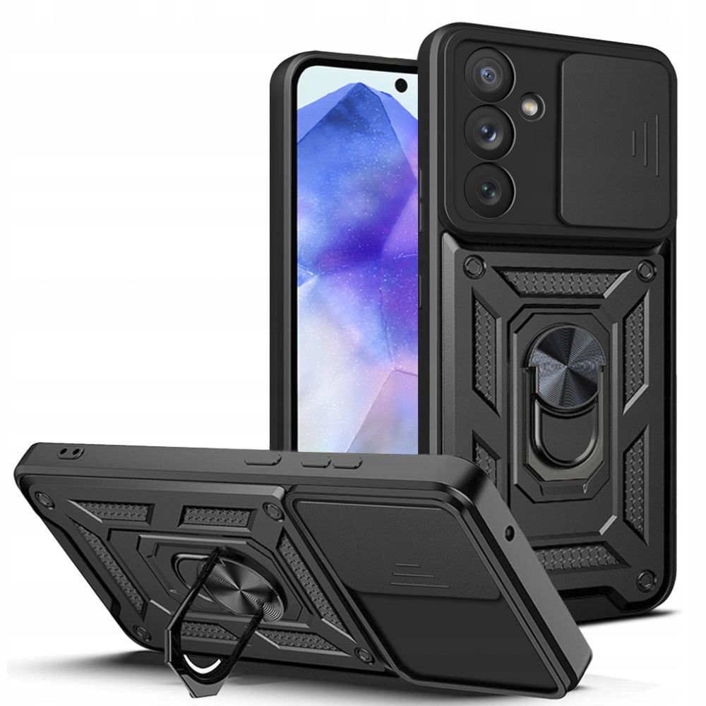 Husa telefon Mat-Tech compatibila cu Samsung Galaxy A55 5G, Protectie Camera Slide and Snap Soft Premium, Magnetic Ring Holder, PopGrip, Anti-Shock, Rugged Protection, Negru