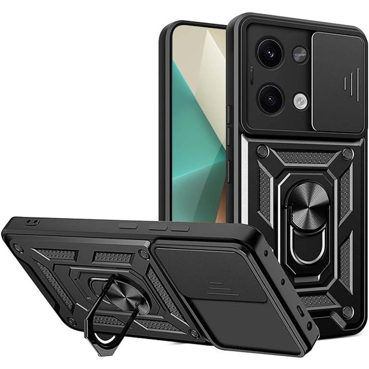 Husa pentru Xiaomi Redmi Note 13 Pro 5G cu inel Ring Armor Kickstand Tough, protectie camera, Aiyando, negru