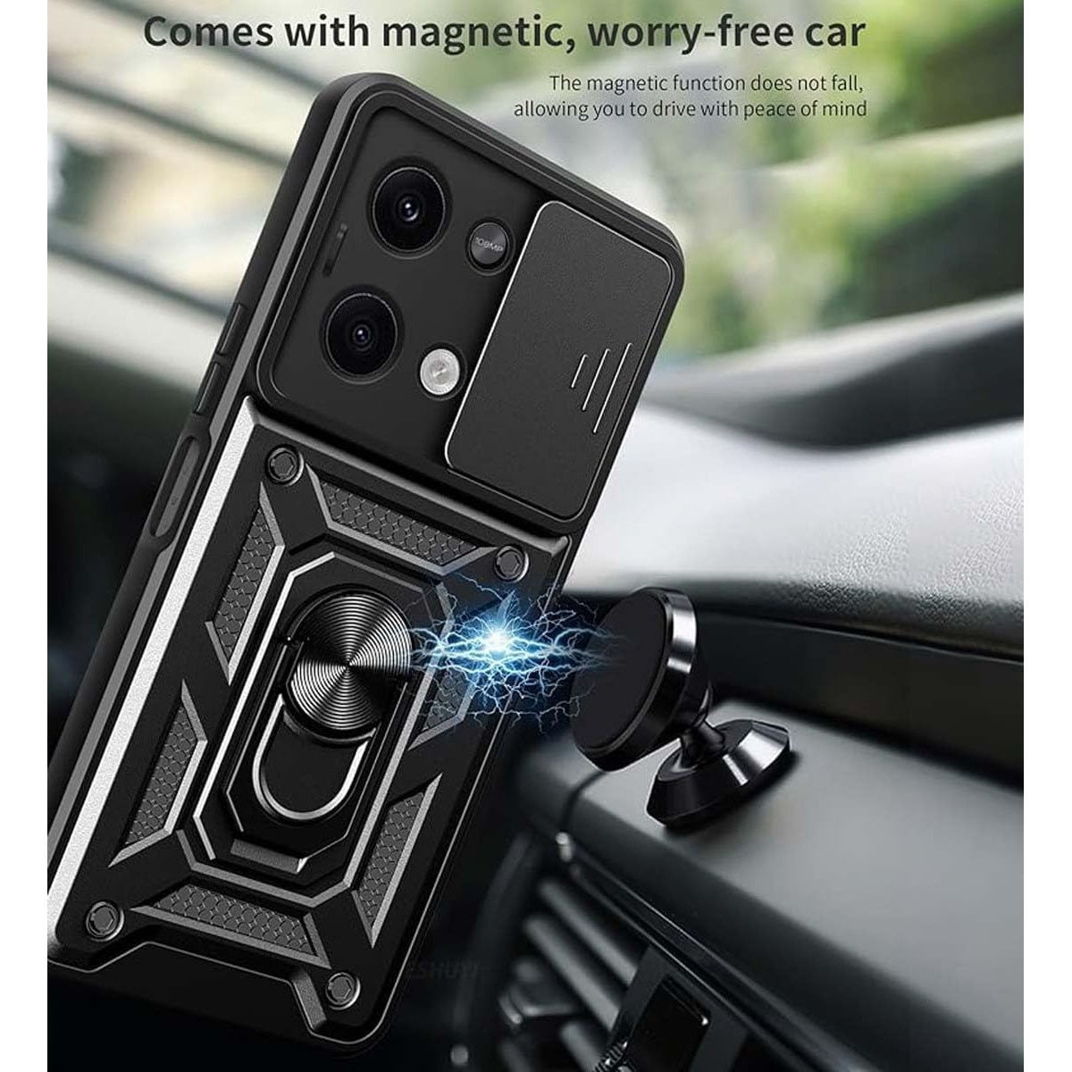 Husa pentru Xiaomi Redmi Note 13 Pro 5G cu inel Ring Armor Kickstand Tough, protectie camera, Aiyando, negru