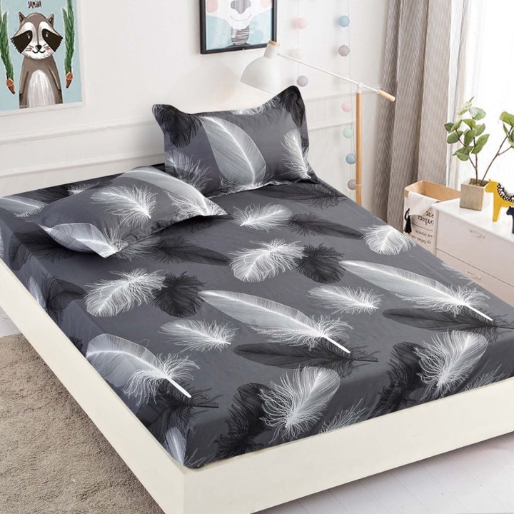 Set Cearsaf de pat cu elastic si 2 fete de perna, Dormy, Black Ink, 180x200 cm, Finet