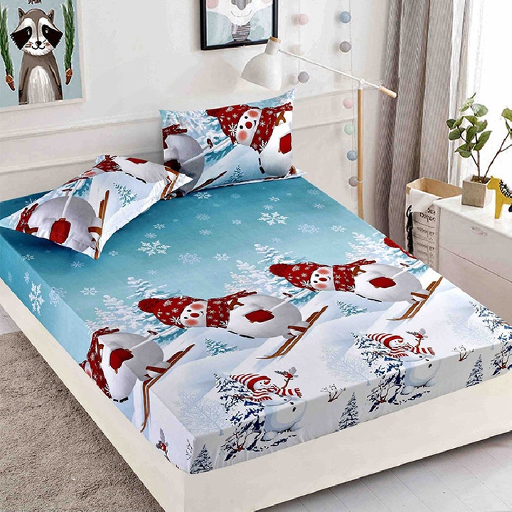 Set Cearsaf de pat cu elastic si 2 fete de perna, Dormy, Jolly V32, 180x200 cm, Finet