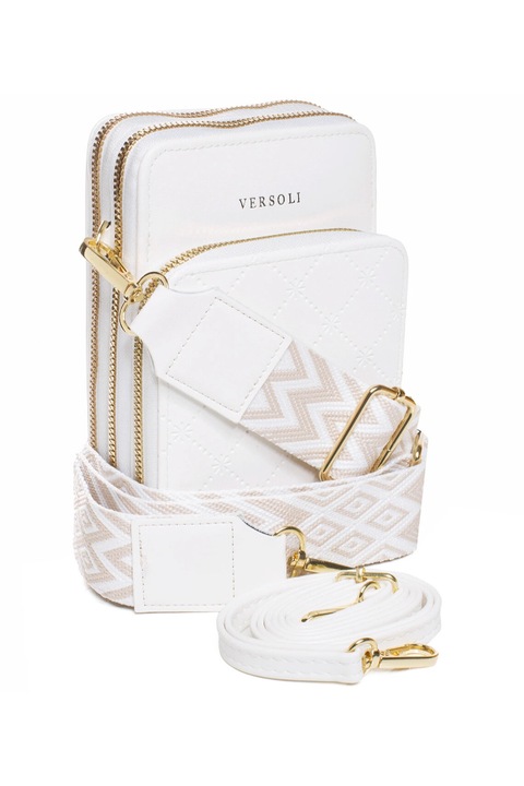 Geanta mica dreptunghiulara, Agrafka, model geanta clutch, 3 compartimente, 2 bretele, piele ecologica, Alb, 18x11x8 cm