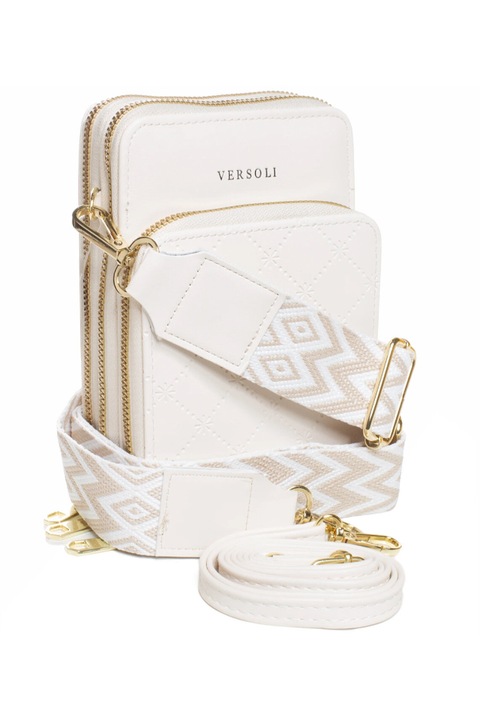 Geanta mica dreptunghiulara, Agrafka, model geanta clutch, 3 compartimente, 2 bretele, piele ecologica, Bej, 18x11x8 cm