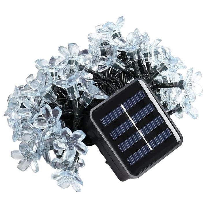 QttvbTna dekoratív napelem füzér, cseresznyevirág alakú, 50 LED, vízálló, többszínű, 7 m