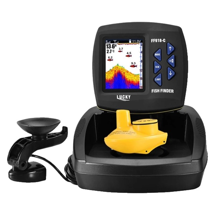 Sonar portabil pentru pescuit, detectare pesti si adancime, ecran LCD, wireless si cu fir, 180m/45m, multicolor