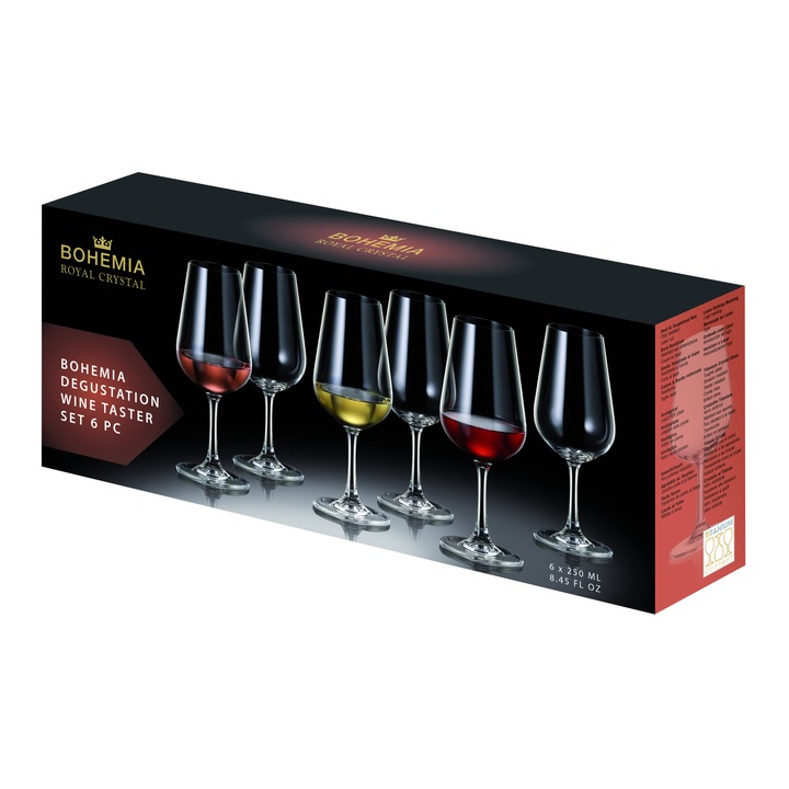 Set de 6 pahare pentru degustarea vinului, transparent, din cristal de Bohemia, 250 ml, Accesorries Collection