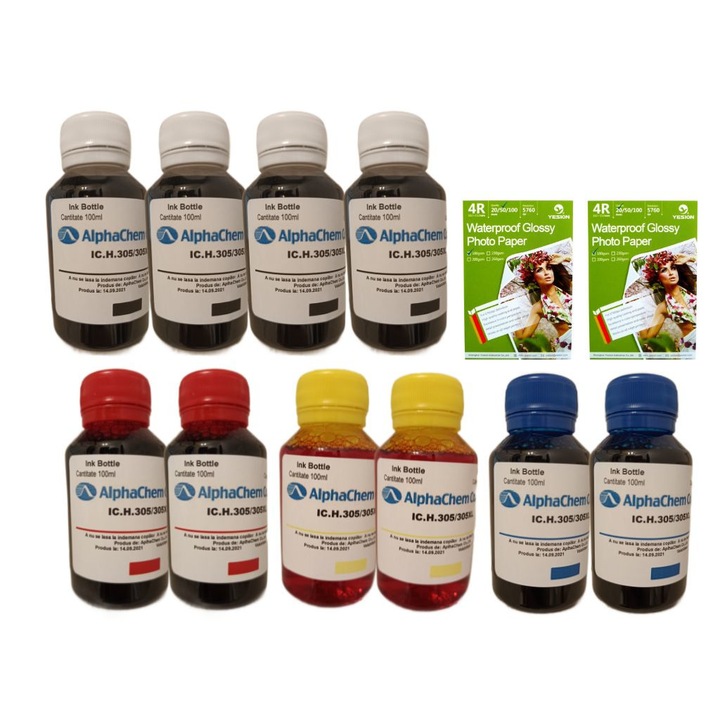 Set 10buc Flacon Cerneala AlphaChem HP 305, 4x100ml, 3YM61AE Negru, 2x100ml, 3YM60AE Cyan, 2x100ml, 3YM60AE Magenta, 2x100ml, 3YM60AE Galben, hartie foto yesion 180g 70coli