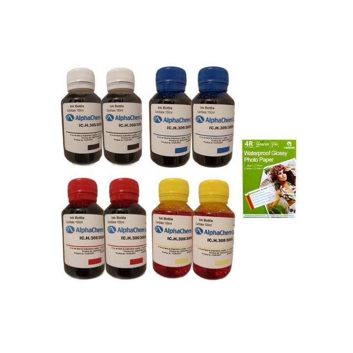 Set 8buc Flacon Cerneala AlphaChem HP 305XL, 2x100ml, 3YM62AE Negru, 2x100ml, 3YM63AE Cyan, 2x100ml, 3YM63AE Magenta, 2x100ml, 3YM63AE Galben, hartie foto yesion 180g 50coli