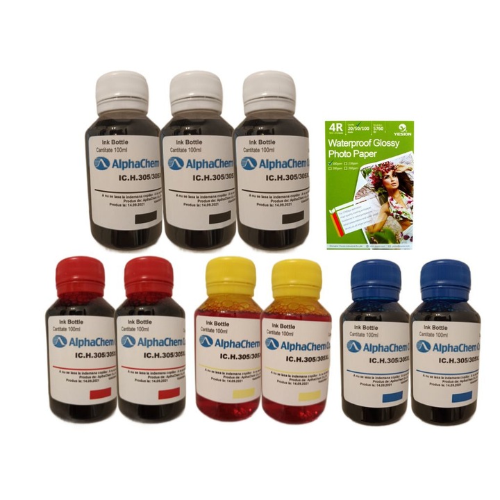 Set 9buc Flacon Cerneala AlphaChem HP 305, 3x100ml, 3YM61AE Negru, 2x100ml, 3YM60AE Cyan, 2x100ml, 3YM60AE Magenta, 2x100ml, 3YM60AE Galben, hartie foto yesion 180g 50coli