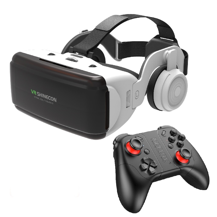Ochelari VR 3D MILARIS®, compatibili cu smartphone-uri iOS si Android, Casti Bluetooth de realitate virtuala pentru jocuri/filme pentru adulti/copii cu Gamepad, Calitate premium, Design modern si atractiv, Alb