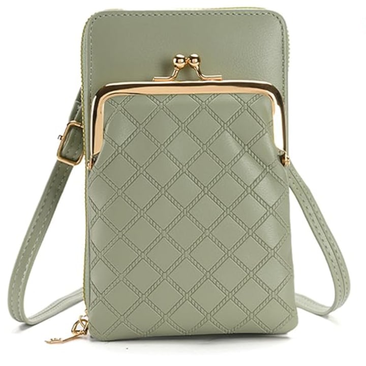 Зелена дамска чанта за през рамо с 3 отделения с цип Vividora за телефон, карти, регулируеми презрамки