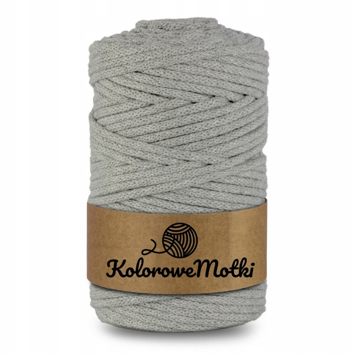 Snur pentru macrame, KoloroweMotki, Bumbac, Impletit, cu miez de poliester, 3mm x 100m, Gri