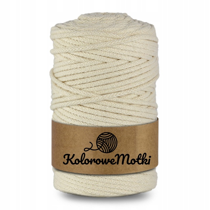 Snur pentru macrame, KoloroweMotki, Bumbac, Impletit, cu miez de poliester, 3mm x 100m, Ivoire