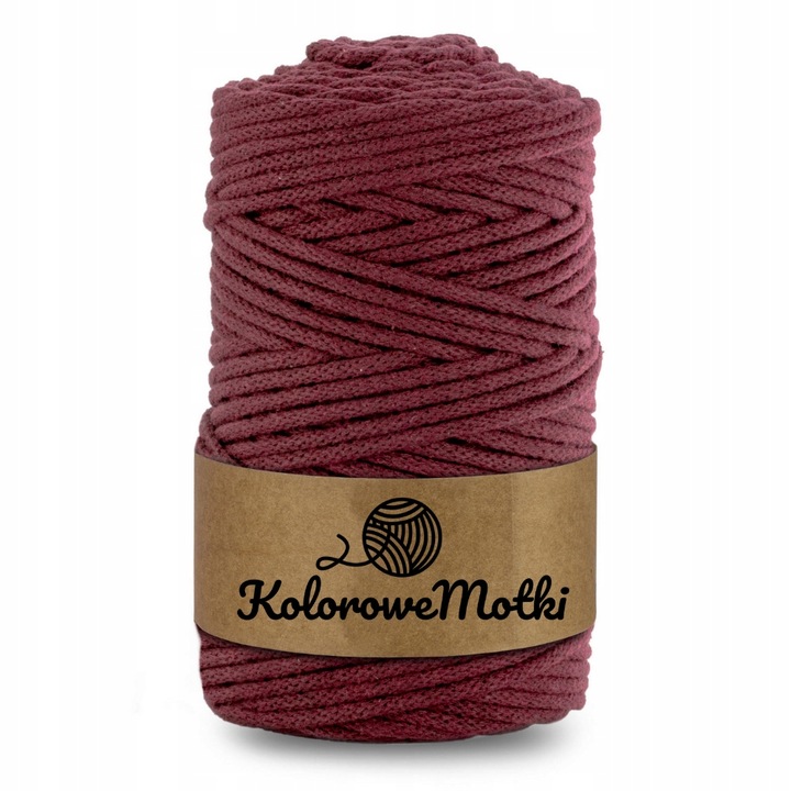 Snur pentru macrame, KoloroweMotki, Bumbac, Impletit, cu miez de poliester, 3mm x 100m, Burgundia