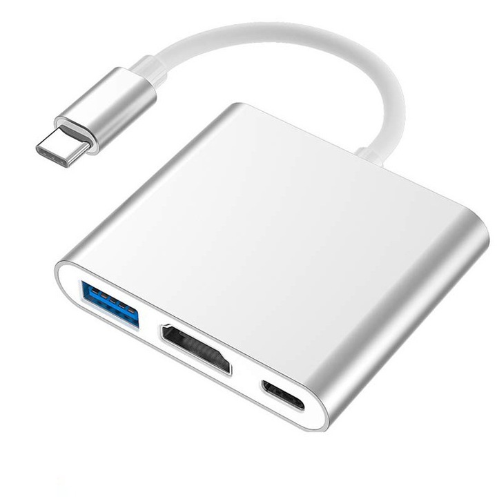 Адаптер 3 в 1 USB-C, USB-C 3.1 към USB 3.0/HDMI/Type C, 4K, Съвместим с лаптоп телефон, Vaxiuja, Сребрист