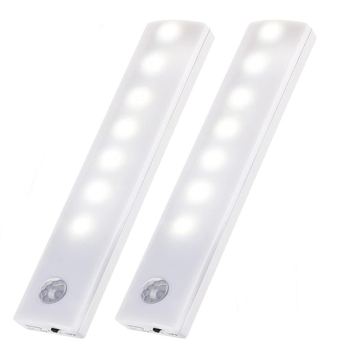 Set 2 Lampa LED cu senzor de lumina si miscare, JENUOS®, intensitate reglabila, suport magnetic, 10cm, cu reincarcare prin USB-C