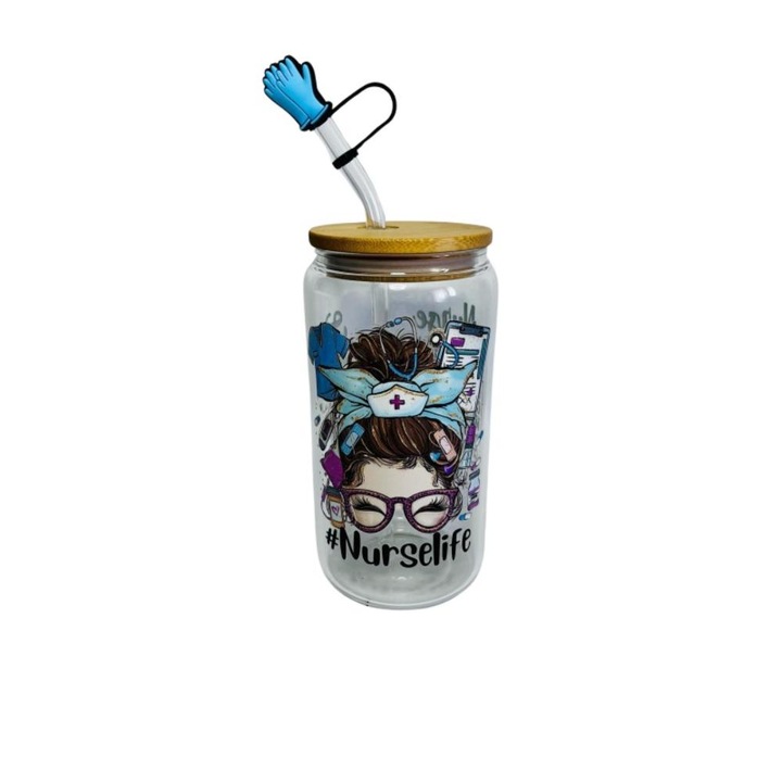 Pahar fara picior din sticla cu capac din bambus NurseLife Doll, 500 ml, transparent
