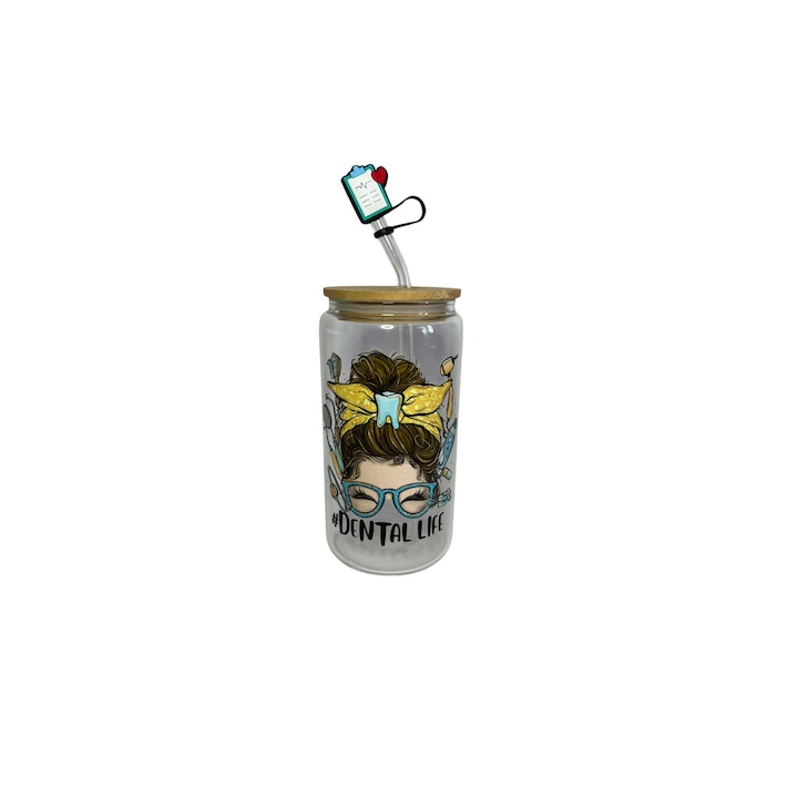 Pahar fara picior din sticla cu capac din bambus DentalLife Doll 500 ml, transparent