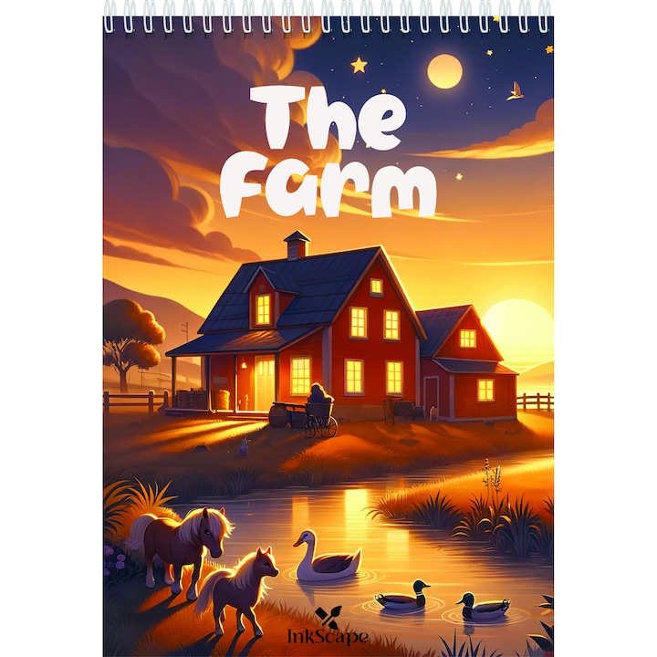 Carte de colorat si desenat pentru copii cu animale de la ferma, 40 de ilustratii, Format A5 cu spirala, The Farm by InkScape, Editia 2024