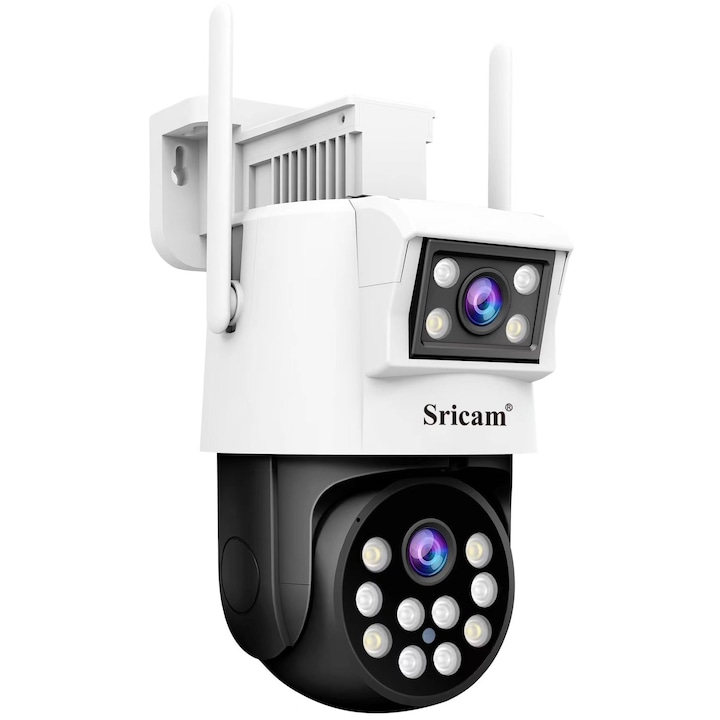 Camera de supraveghere 9MP WIFI Sricam SH048 Plus SriHome, Exterior, UltraHD 4K, Conectare Telefon / PC, Dual-Lens, Night Vision Color, Alarma, Auto Tracking, Rezistenta la Apa, alb