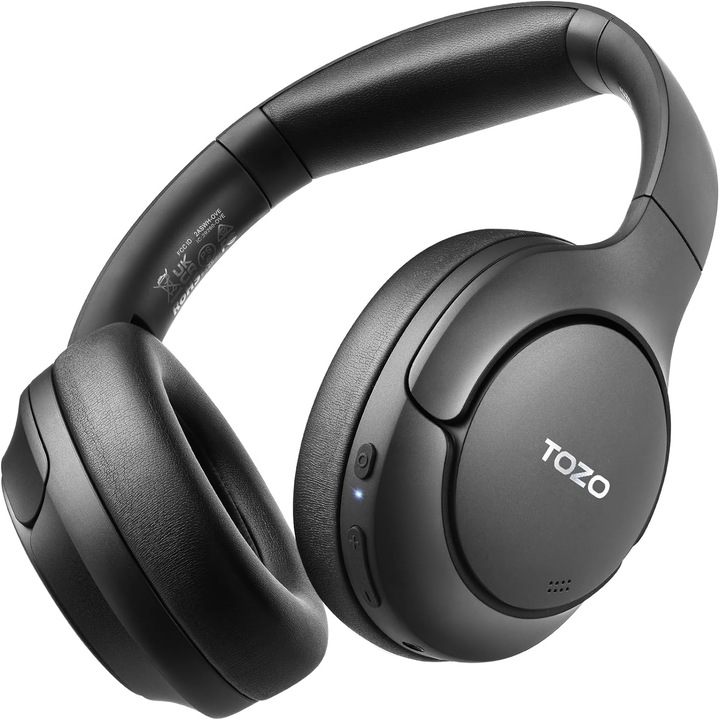 Безжични слушалки Over-Ear TOZO H10 Adaptive Hybrid Active Noise Cancelling, Hi-Res Audio, Bluetooth 5.3, Autonomy 60h, Transparency Mode, Foldable, ComfortFit, Fast Charging, Microphone, Multi-Point, Electro Black