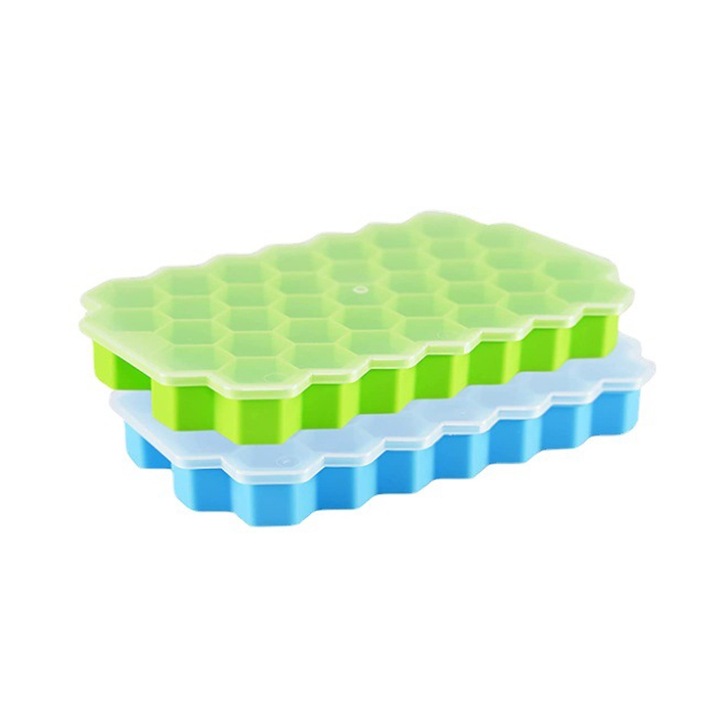 Set 2 tavi din silicon pentru gheata forma hexagon, 37 cuburi gheata, cu capac, Albastru/Verde