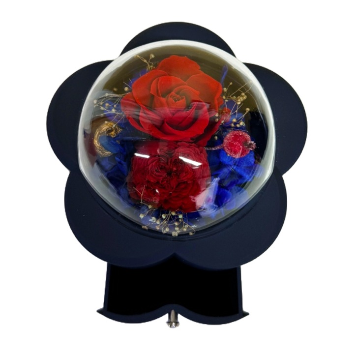 Кутия за бижута One Rose с чекмедже, поздравителна картичка и криогенни рози, в елегантна чанта, червено/синьо, кадифе