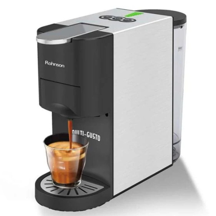 Espressor manual 2 in 1 (capsule, cafea macinata), Rohnson R98045 Multi-Gusto, 1.450 W, 19 bar, 0.8L, 7 niveluri cantitate cafea, dublu sistem de extractie, sistem de detartrare, sistem ERP, semnal sonor, oprire automata, argintiu/negru