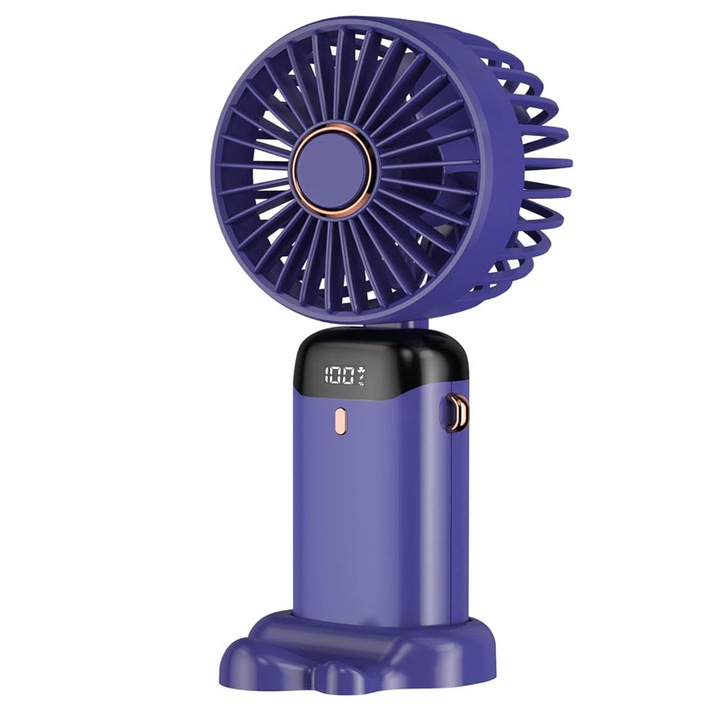 Ултра преносим вентилатор, JENUOS®, 3000mAh, настолен, врата, 5 скорости, ръчен, сгъваем, с LCD екран, лилав
