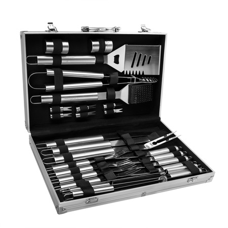 Set accesorii gratar Lehmann, 25 elemente, din otel inoxidabil de calitate superioara, geanta transport din aluminiu captusita, 43x27x8cm